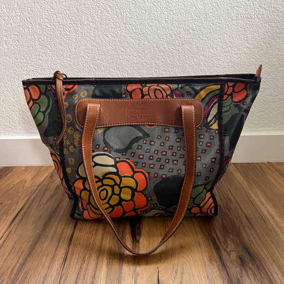 Fossil bright floral coated canvas tote medium size - Picture 1 of 9